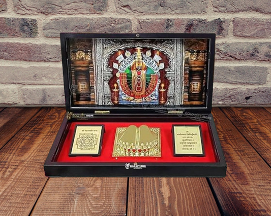 24K Gold Plated Kolhapur Mahalaxmi Photo Frame with Charan Paduka Pocket Temple