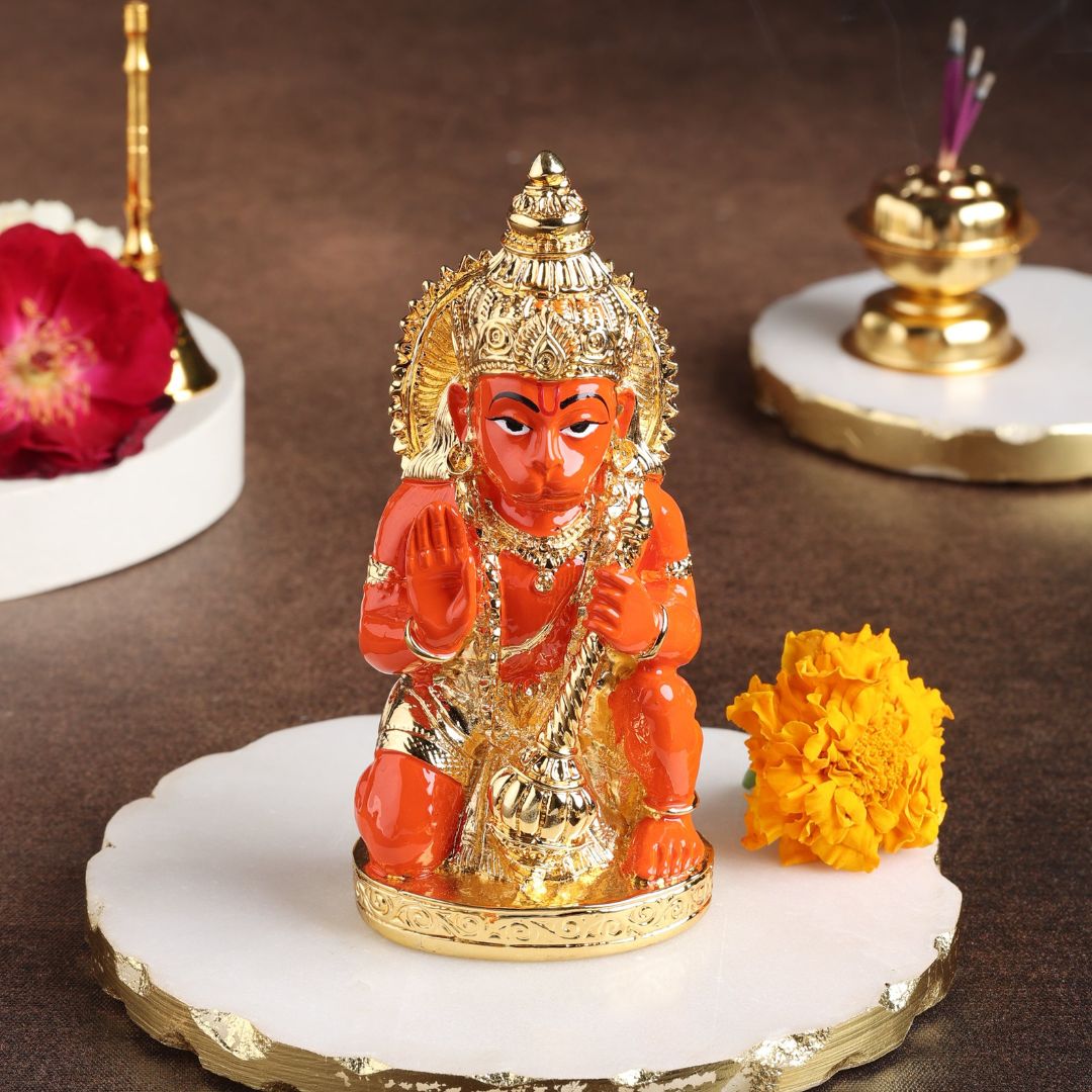 Red Hanuman Ji Gold Plated Idol For Puja, Home, And Gift