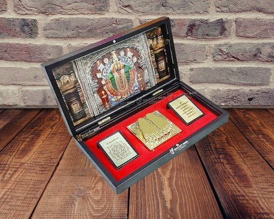 24K Gold Plated Kolhapur Mahalaxmi Photo Frame with Charan Paduka Pocket Temple