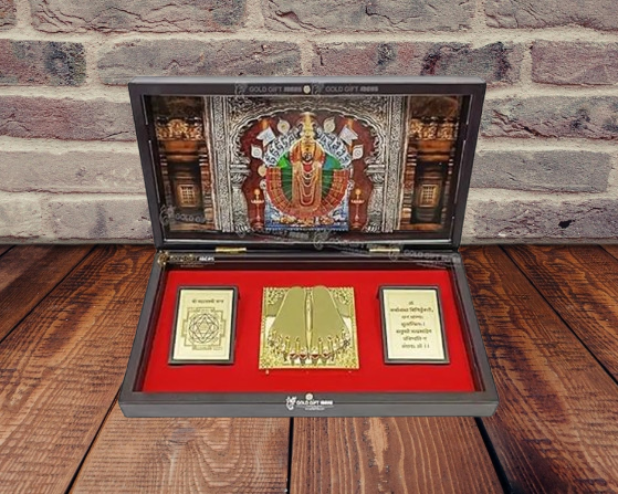 24K Gold Plated Kolhapur Mahalaxmi Photo Frame with Charan Paduka Pocket Temple