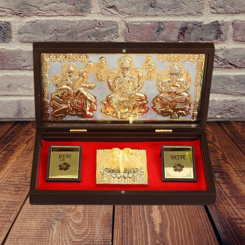 Plated Laxmi Ganesh Saraswati Charan Paduka Pocket Temple