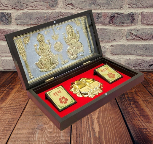 Lakshmi Ganpati Brass Gold Photo Frame With Charan Paduka Pocket Temple