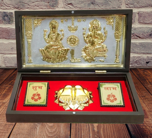 Lakshmi Ganpati Brass Gold Photo Frame With Charan Paduka Pocket Temple