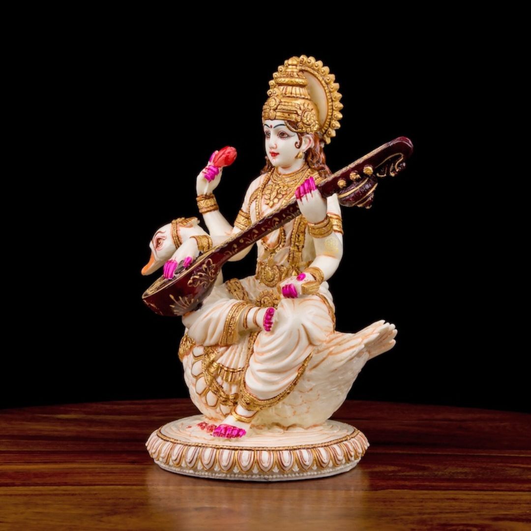 Goddess Saraswati Statue on Swan Idol Statue for Car Dashboard, Mandir, Pooja, and Home