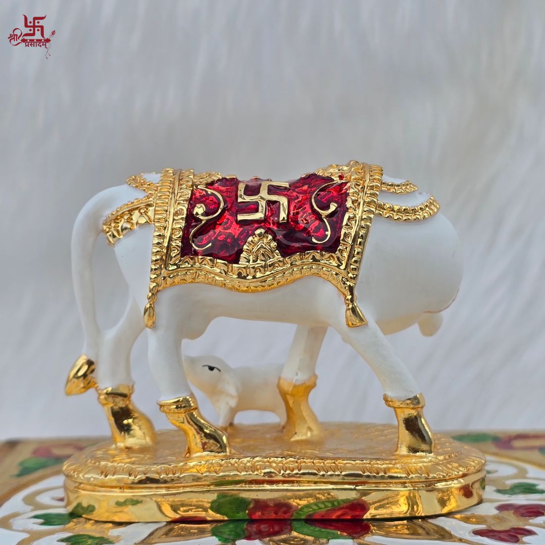 Gold and Silver Plated Vastu Kamdhenu with Calf Idol