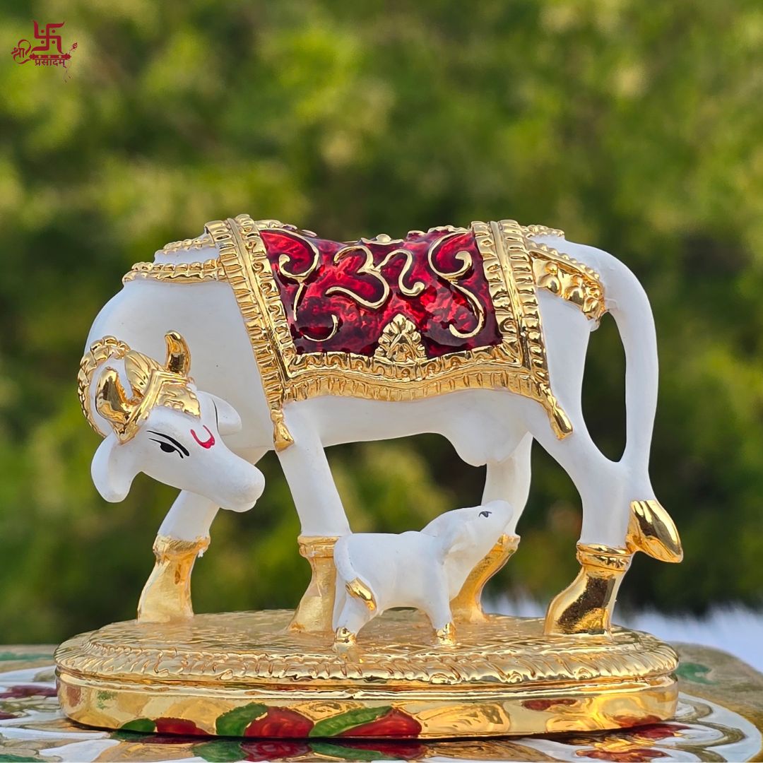 Gold and Silver Plated Vastu Kamdhenu with Calf Idol