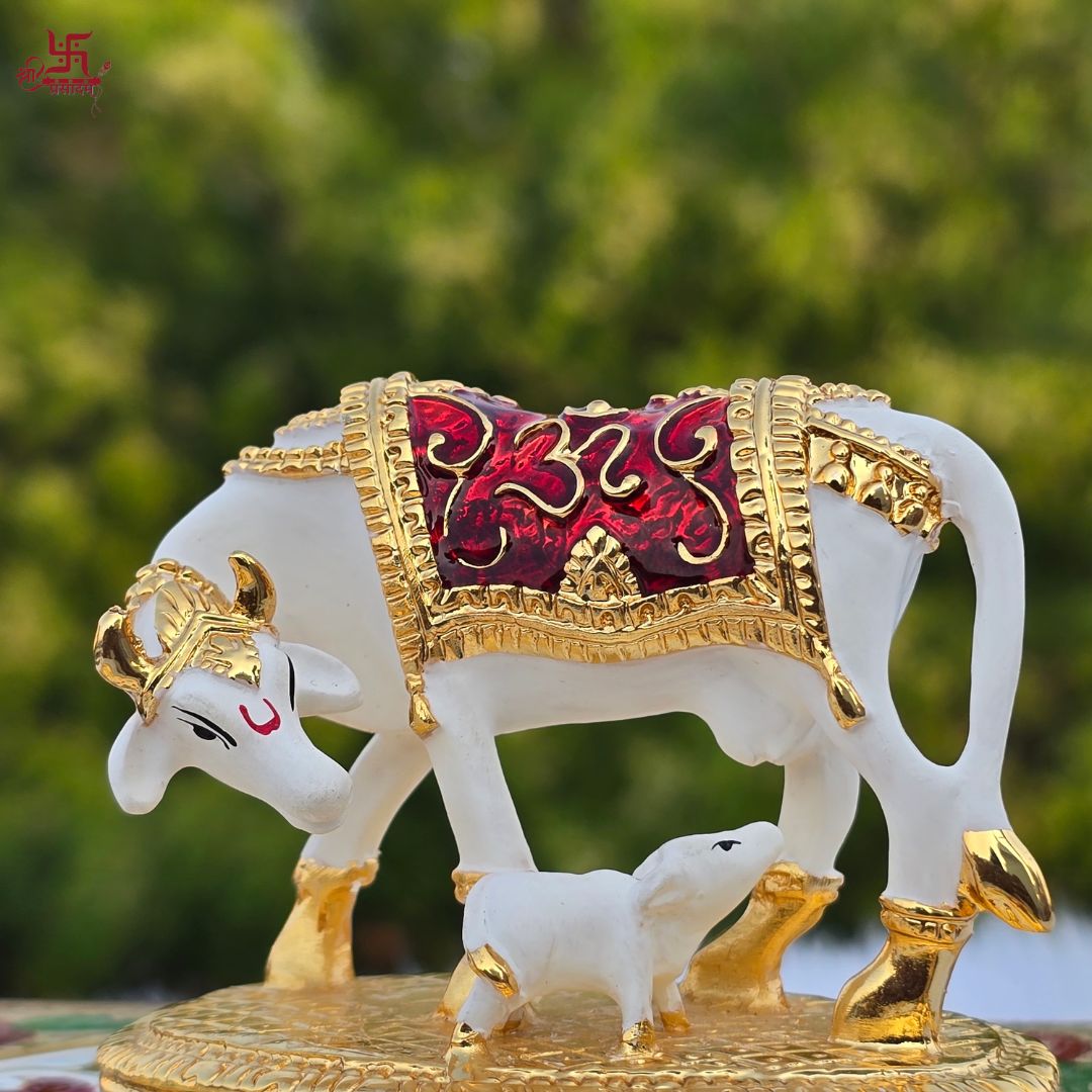 Gold and Silver Plated Vastu Kamdhenu with Calf Idol