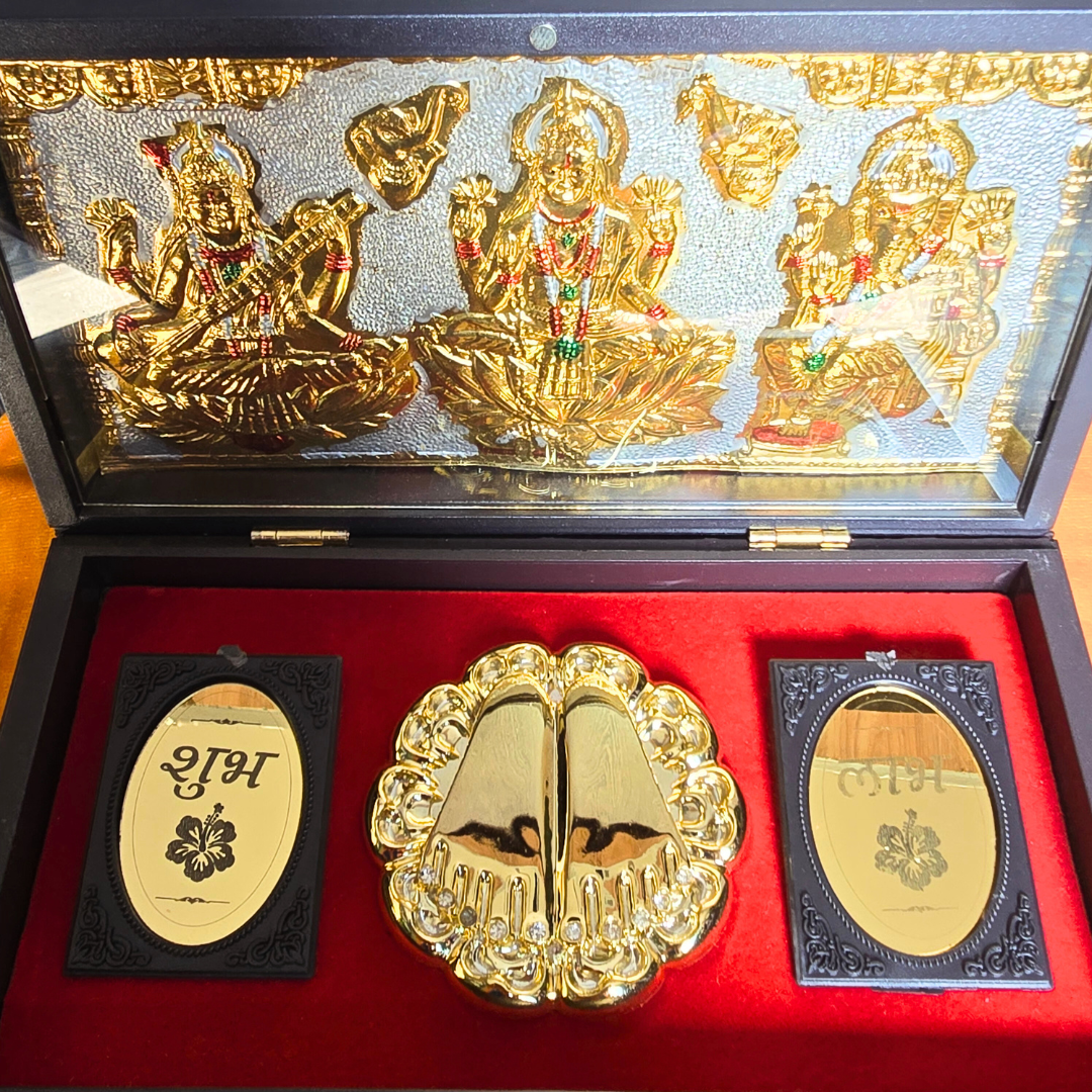 Laxmi Ganesh Saraswathi Pocket Temple | Mini Pooja box (Gold plated)