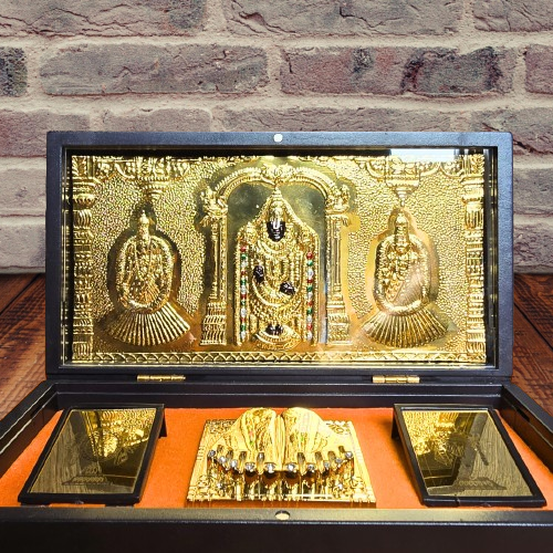 Tirupati Balaji Pocket Temple | Balaji Pocket Temple Box with Charan Paduka (Rectangle Shape & Gold Plated)