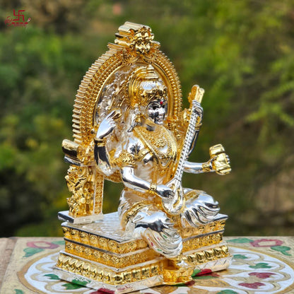 Saraswati Statue With Veena Gold and Silver Plated Idol For Puja, Home, And Gift