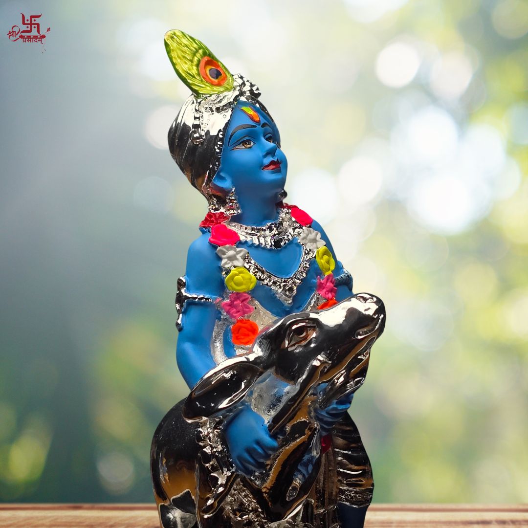 Silver Coated Krishna with Cow Idol For Puja, Home, Gift