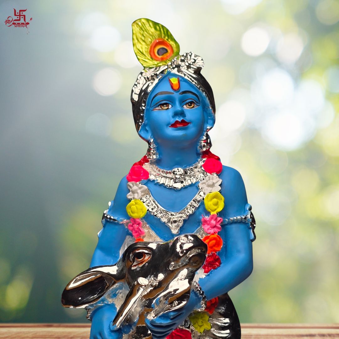 Silver Coated Krishna with Cow Idol For Puja, Home, Gift