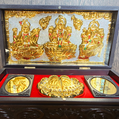 Laxmi Ganesh Saraswathi Pocket Temple | Mini Pooja box (Gold plated)
