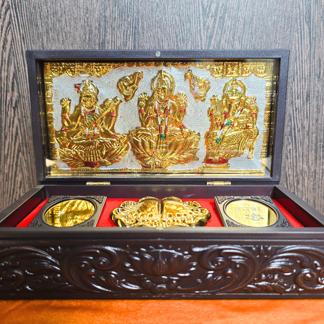 Laxmi Ganesh Saraswathi Pocket Temple | Mini Pooja box (Gold plated)