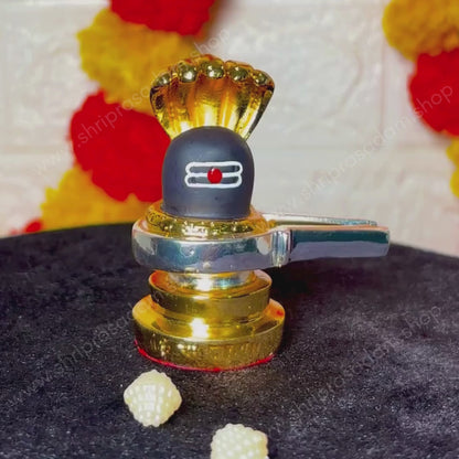 Gold Plated Shivling with Jalahari Yoni Stand Decorative Showpiece