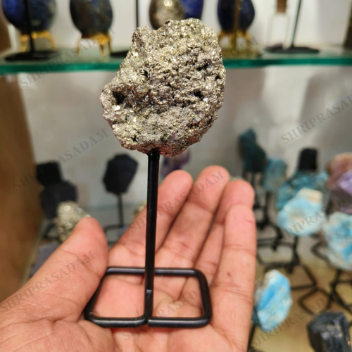 Natural Golden Pyrite Cluster with Stand Success